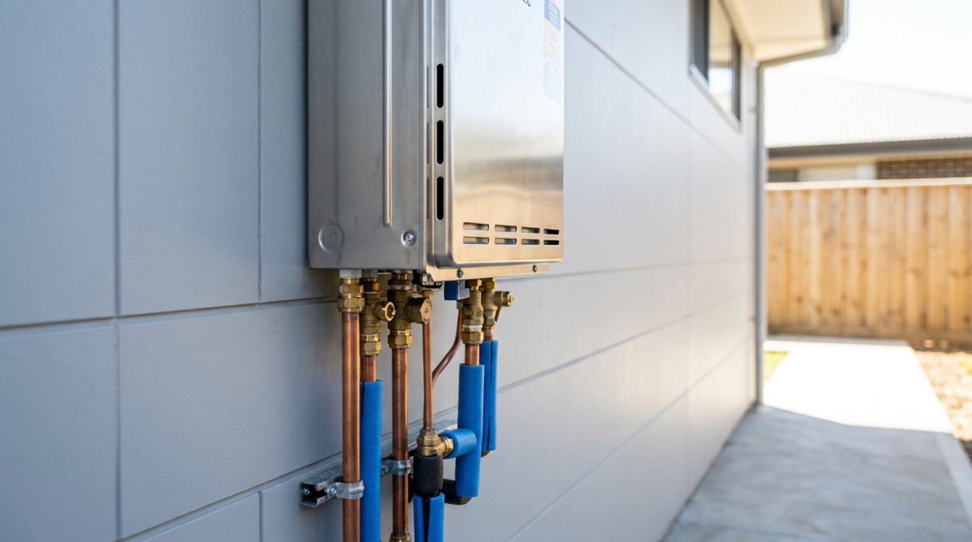 A gas hot water system installed on an exterior wall