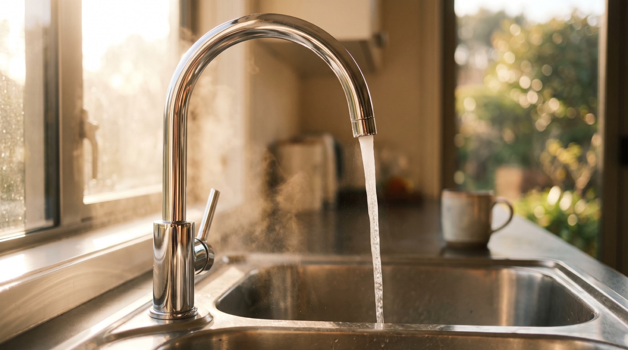 A kitchen tap running clean water into a stainless steel sink