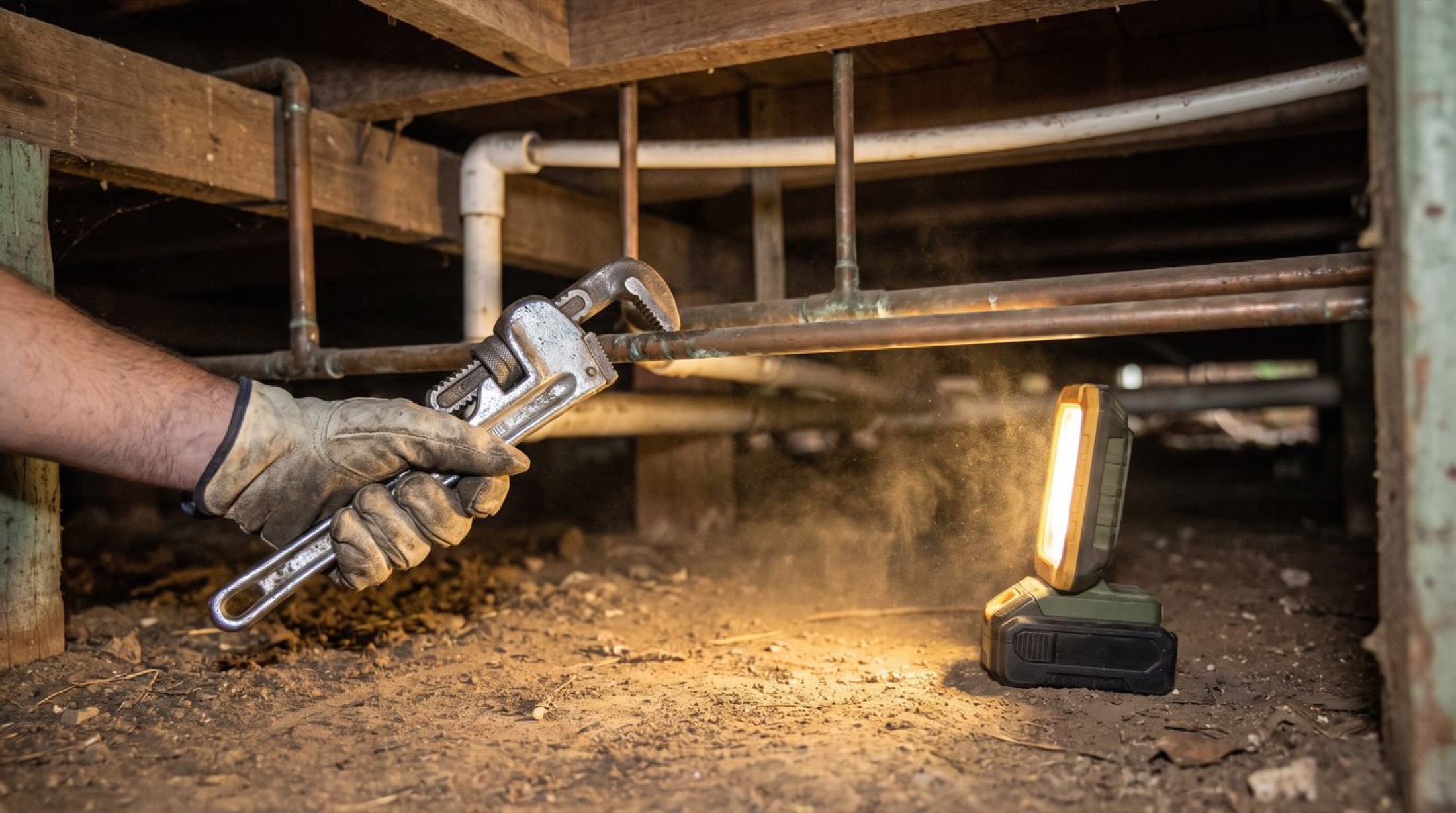 A hand in a work glove using a pipe wrench on copper pipework under a house