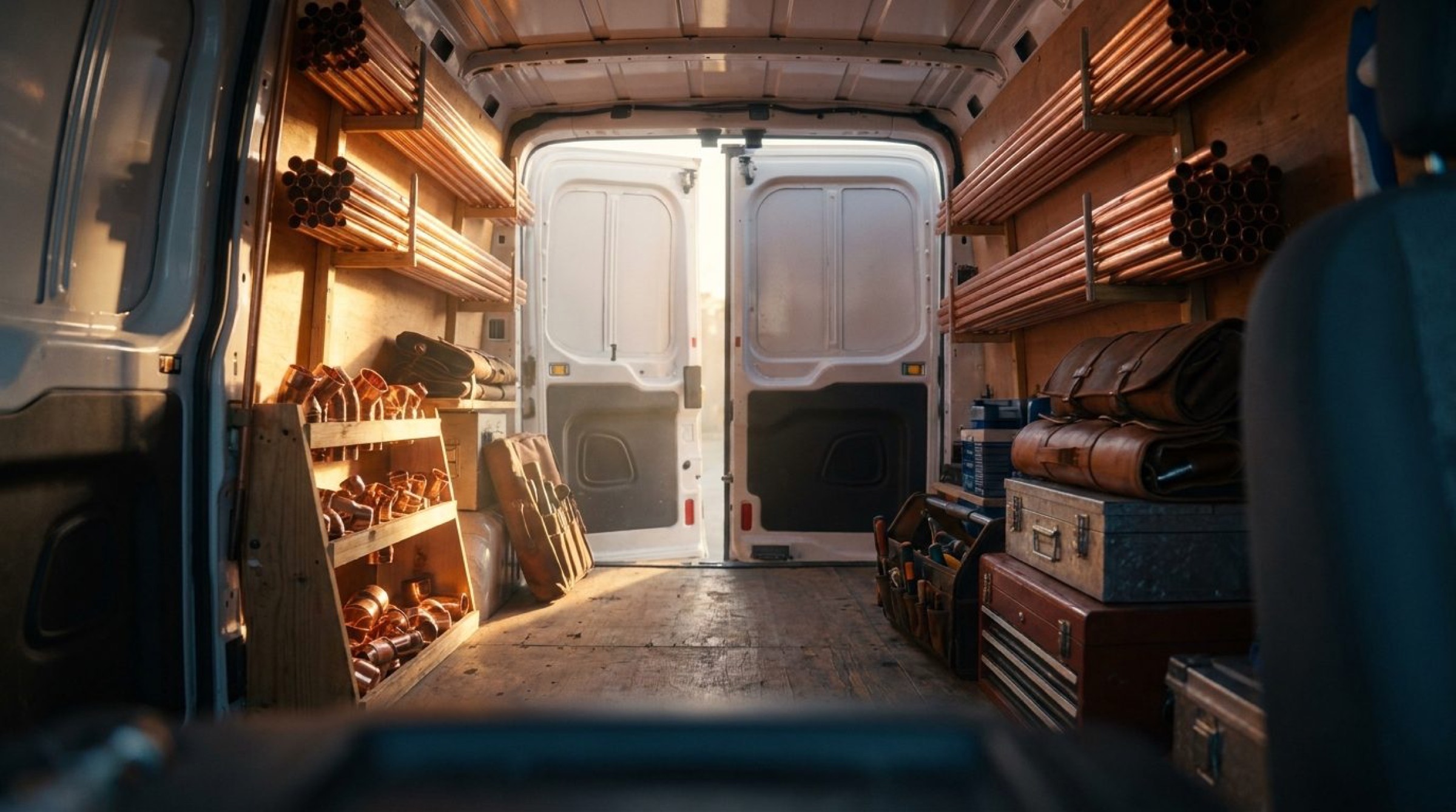 The inside of a plumbing van with copper pipe stock and tools
