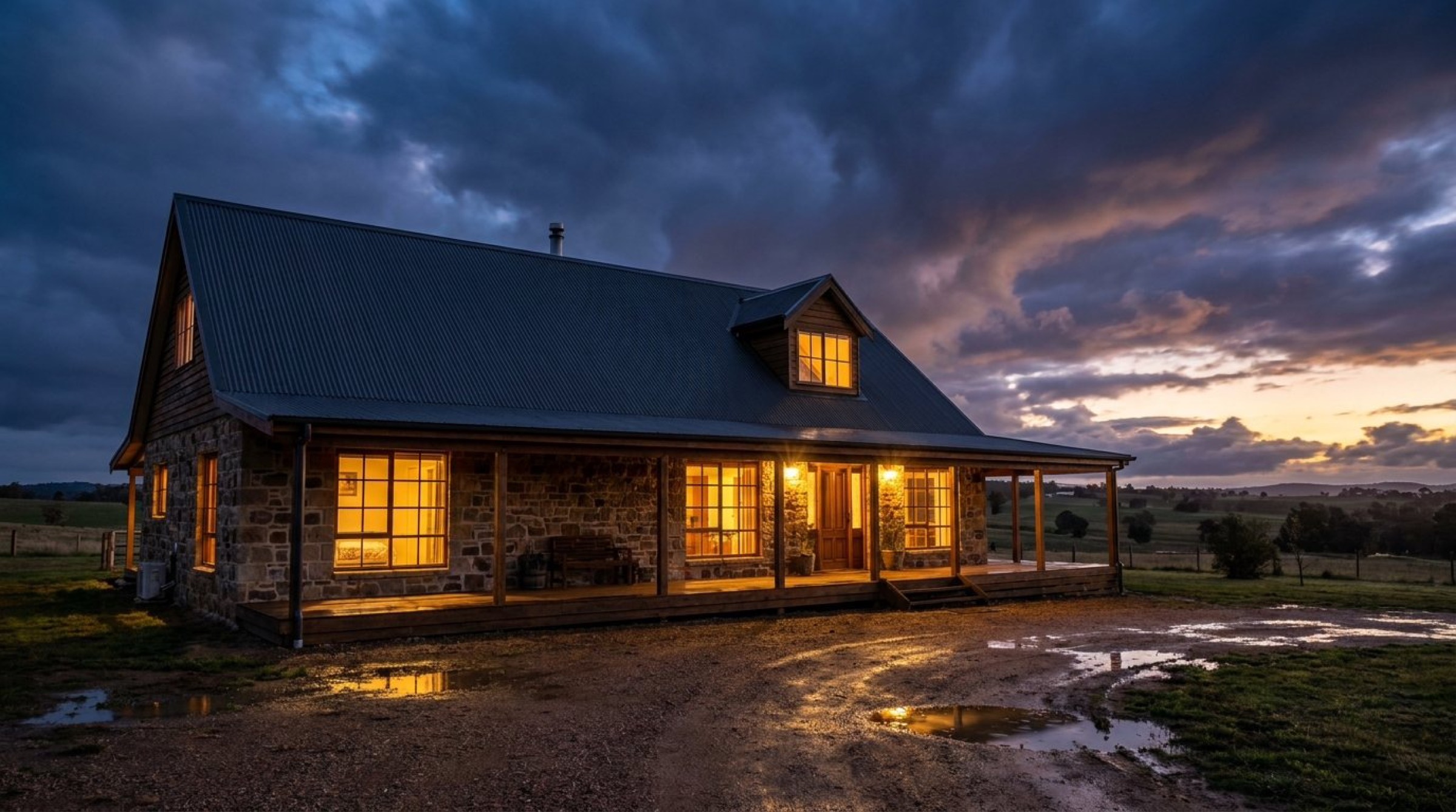 A stone farmhouse lit up at dusk under a stormy Tamworth-region sky