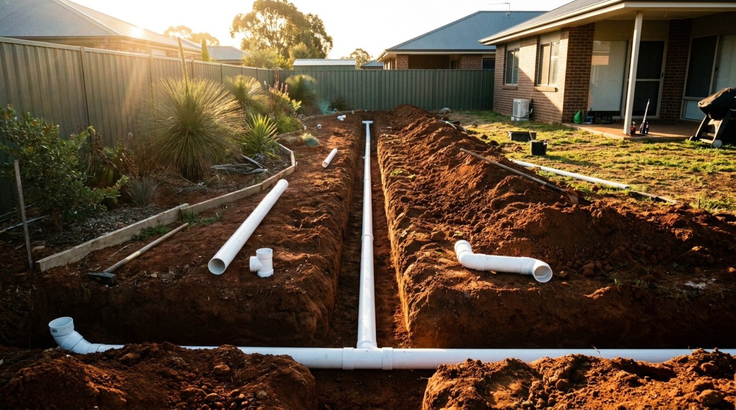A new plumbing rough-in with PVC pipes across a red-dirt block, gum trees and paddocks behind