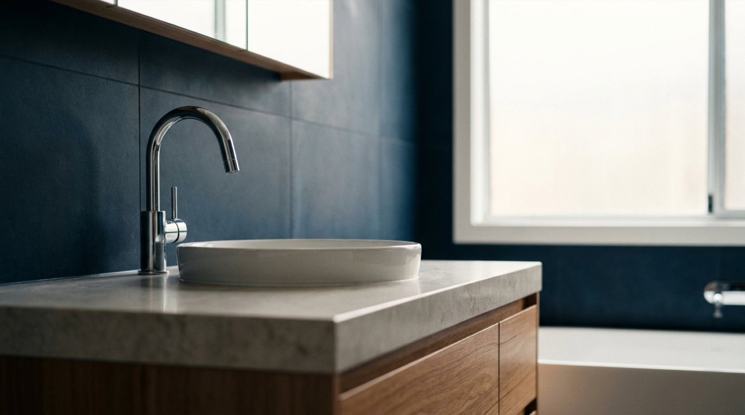 A bathroom vanity with a wall-mounted tap and vessel sink