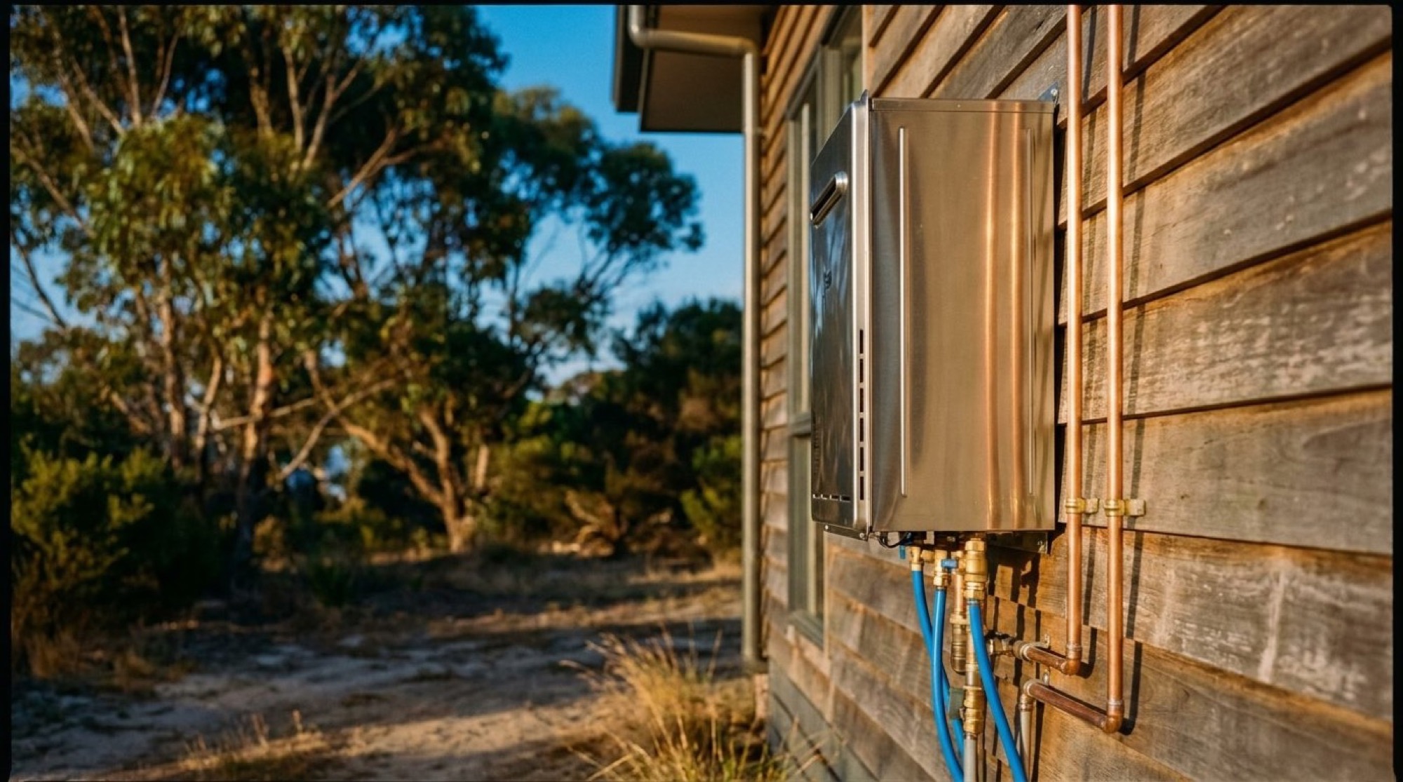 A gas hot water unit installed outside a home